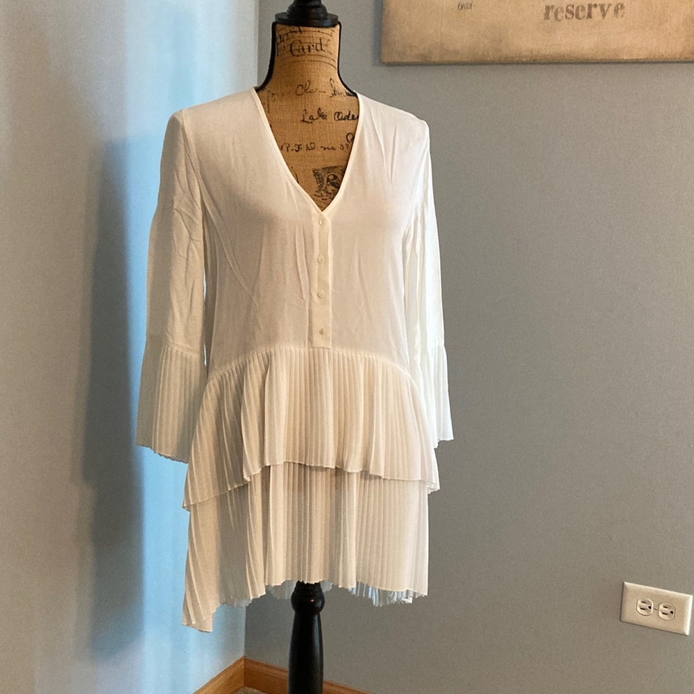 Zara Pleated Dress - White - Women Size Small - High/Low Design